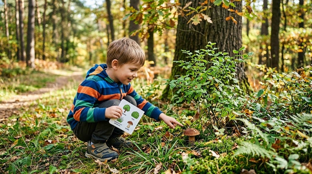 Хлопчик досліджує гриби в лісі
