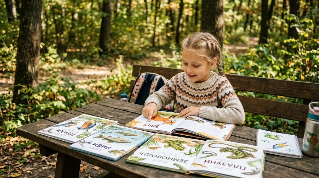 Дівчинка читає книжки про природу