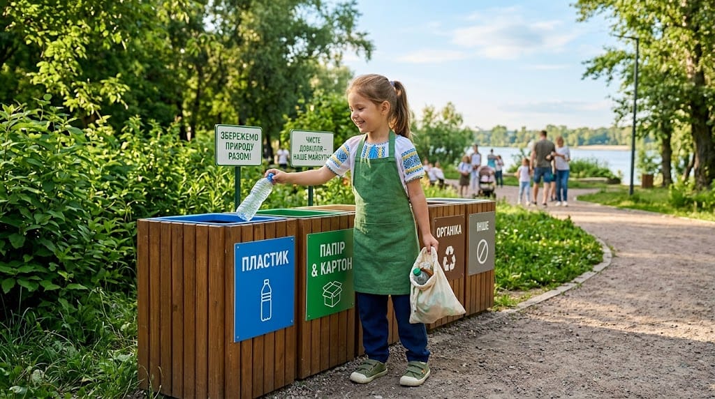 Дівчинка сортує сміття в парку