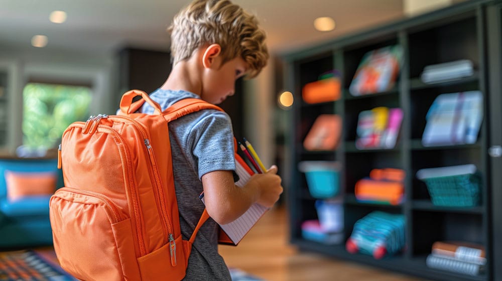 Хлопчик з рюкзаком тримає зошит і олівці