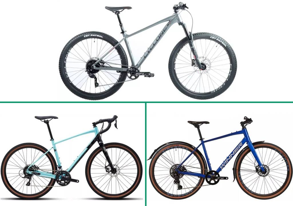 Три велосипеди різних типів: гірський, gravel і міський