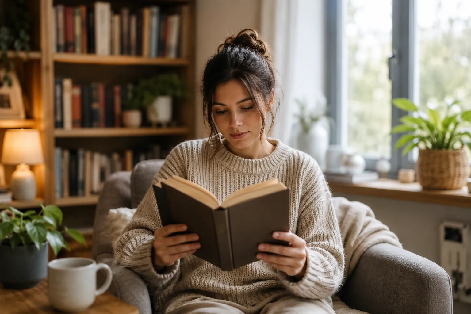 Жінка читає книгу вдома