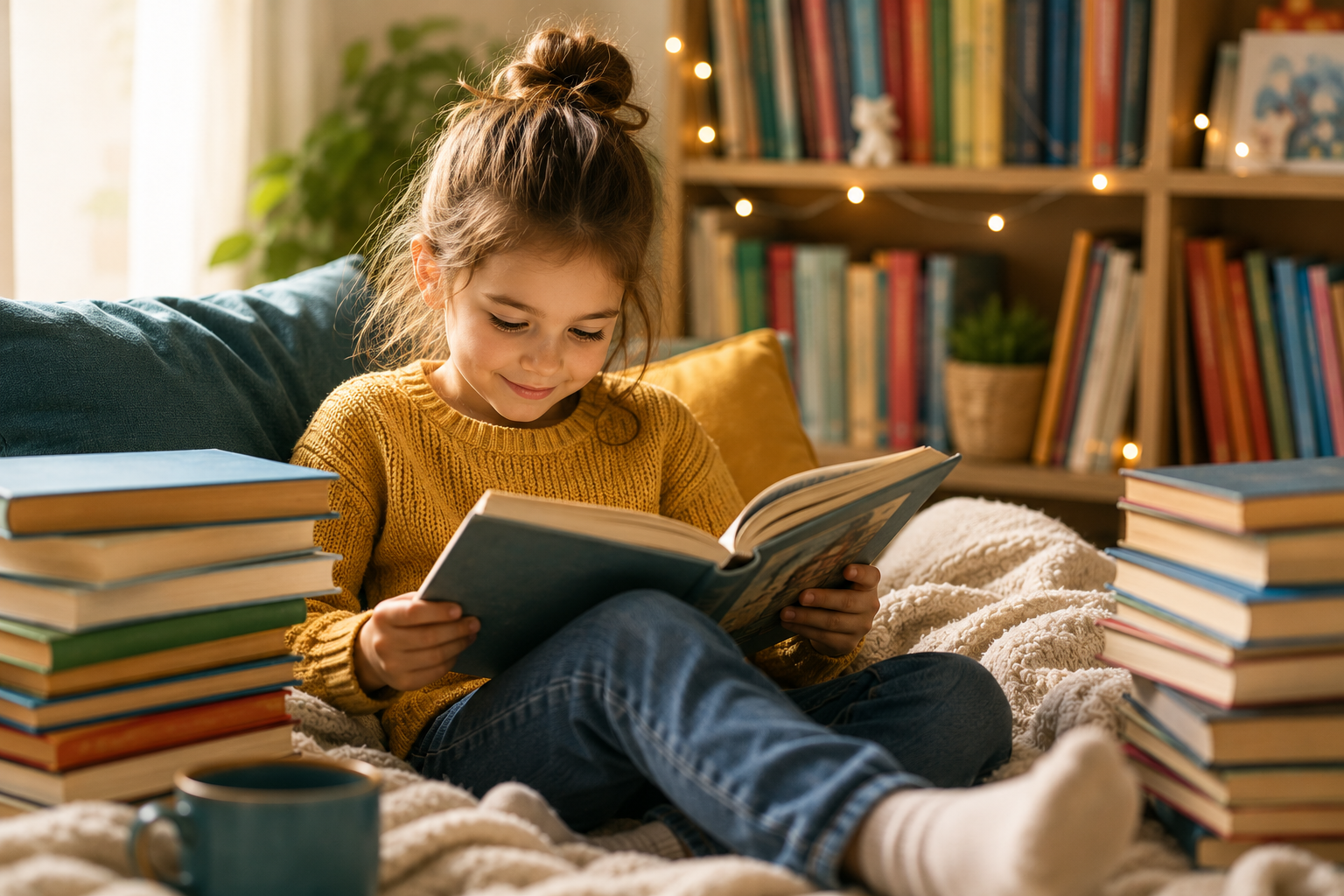 Дівчинка читає книжку в затишній кімнаті