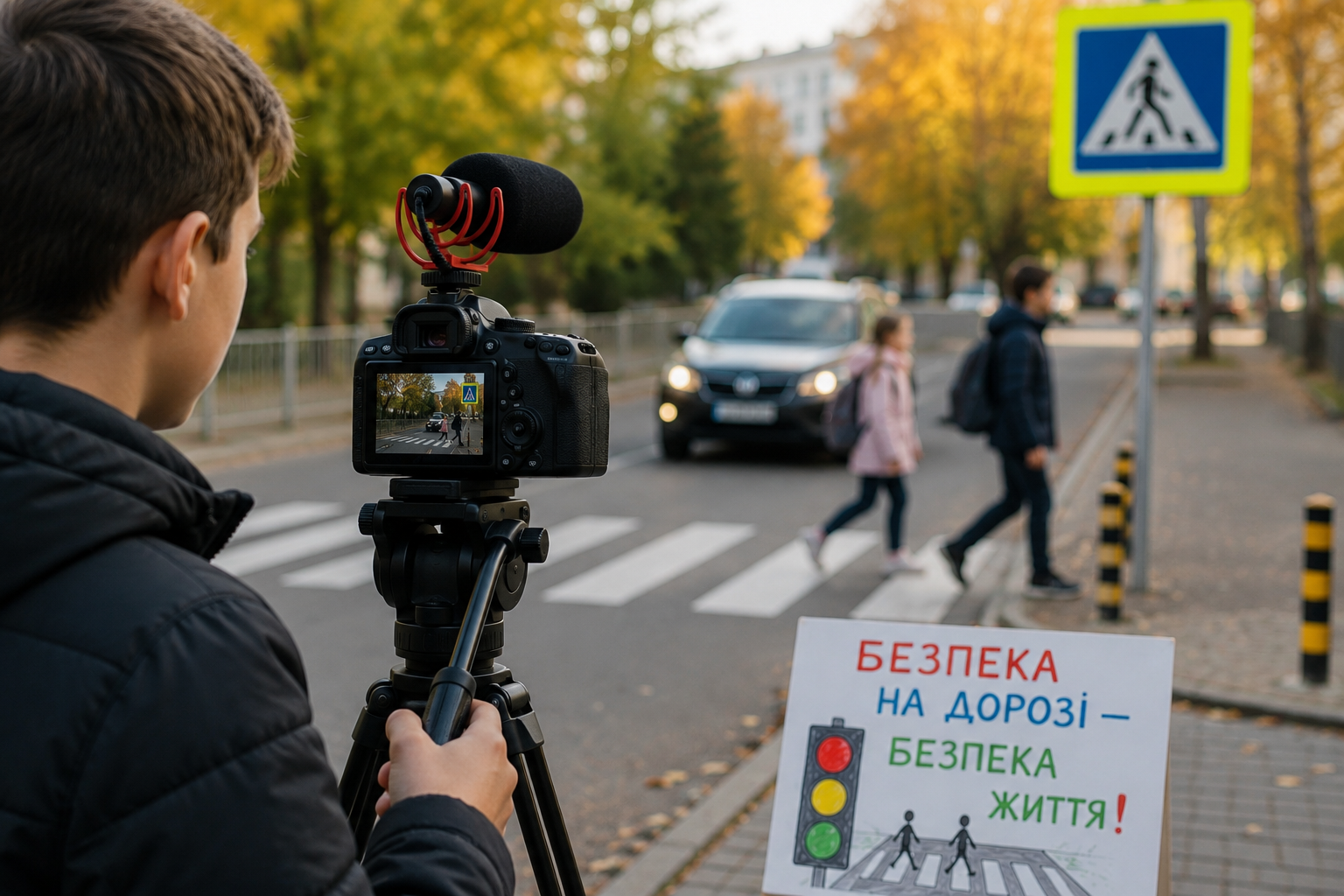 Учень знімає відео про безпеку дорожнього руху біля пішохідного переходу.