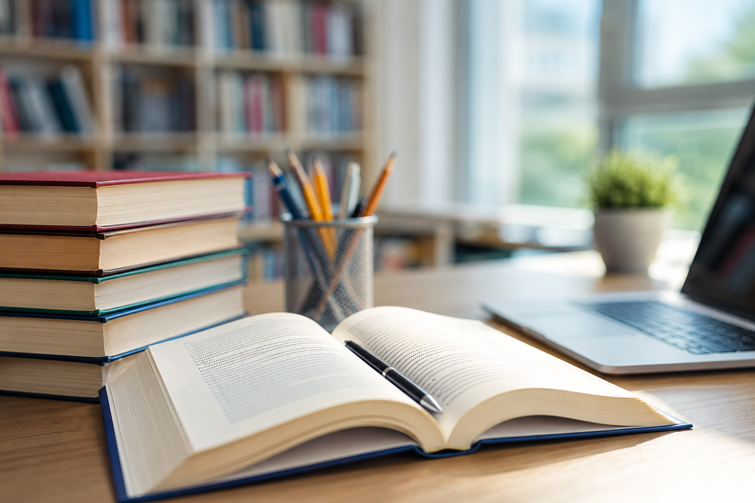 Відкрита книга та ноутбук у бібліотеці