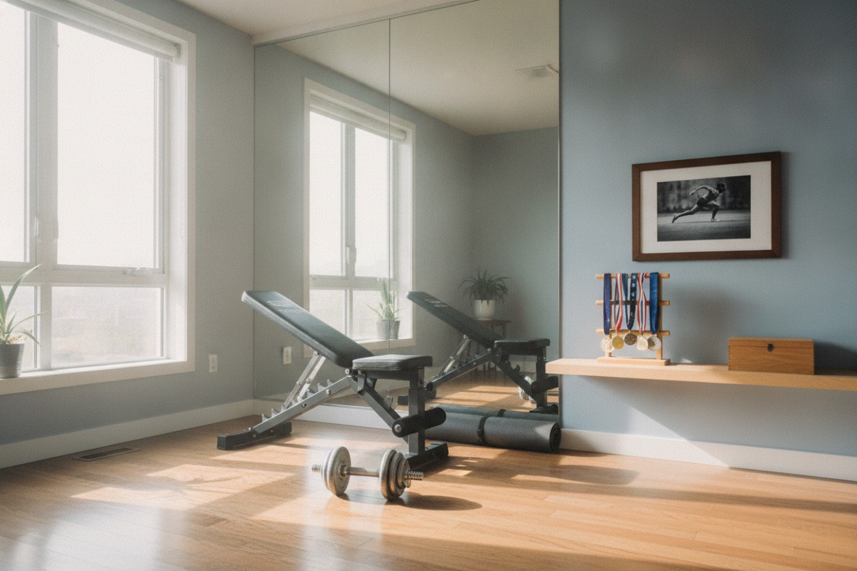 Ein kleines Home Gym ist mit einem Sportfoto, wenigen Medaillen und einer Erinnerungsbox gestaltet.