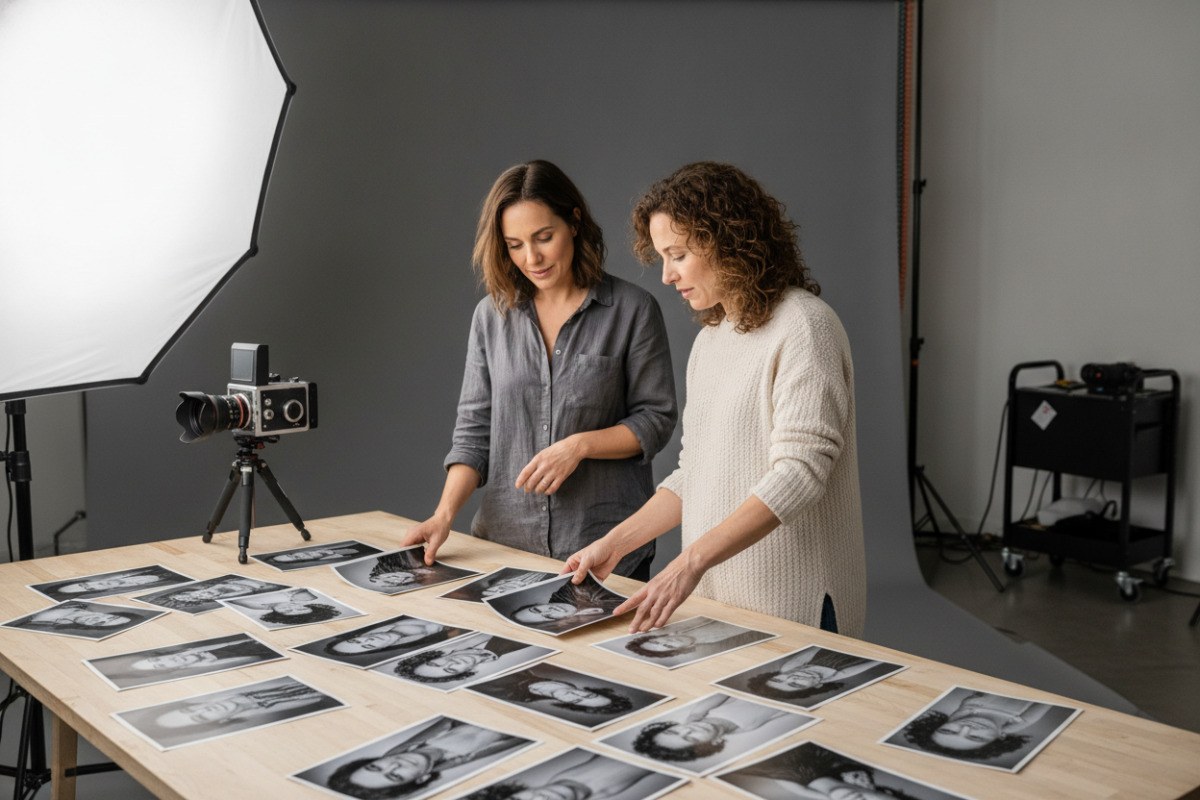 Fotógrafo profesional y cliente revisando varias copias de una sesión de retrato.
