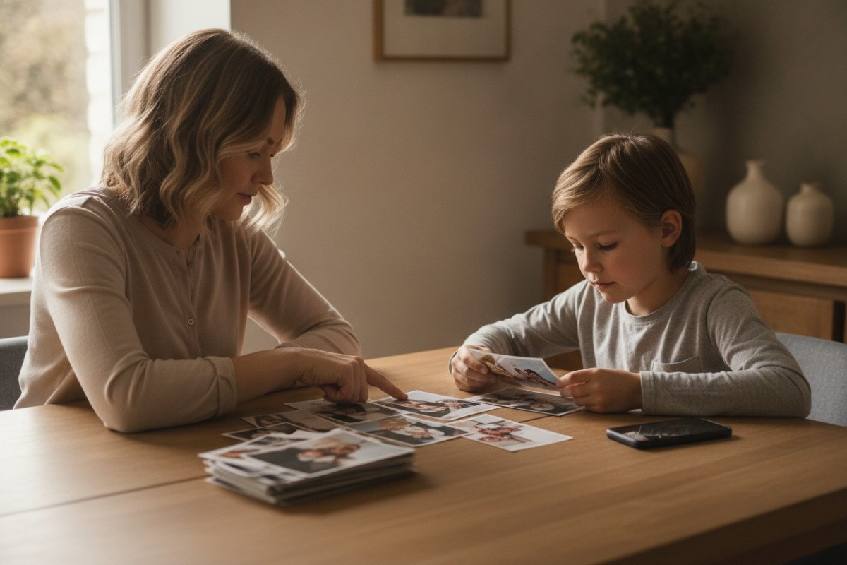 Un adulto y un menor seleccionan fotografías familiares en una mesa.