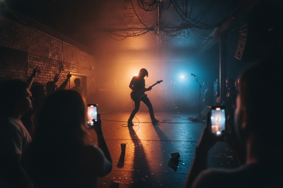 Músico con guitarra fotografiado desde el público en una sala pequeña