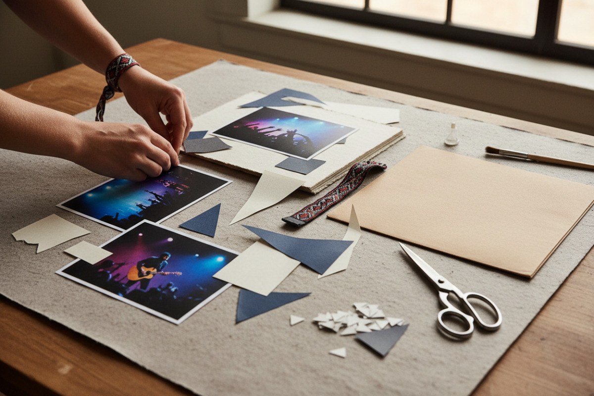 Persona componiendo un fotolibro musical con imágenes y recuerdos físicos