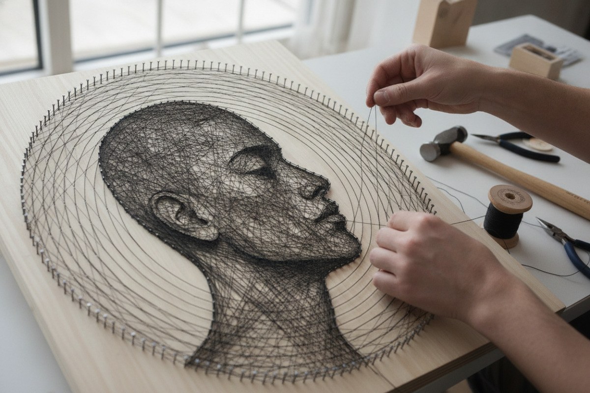 Persona construyendo un retrato de String Art con hilo y clavos