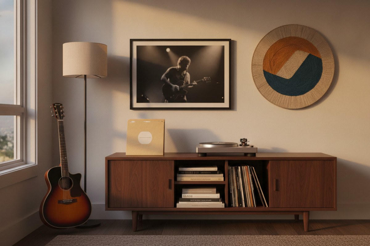 Rincón musical con tocadiscos, discos, guitarra y obras personales