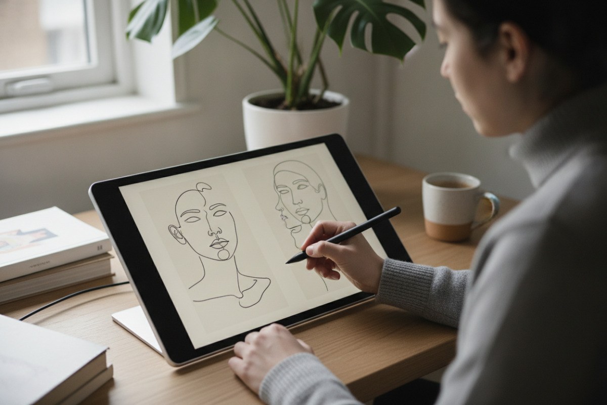 Eine Person zeichnet mit einem Eingabestift ein minimalistisches Porträt auf einem Tablet.