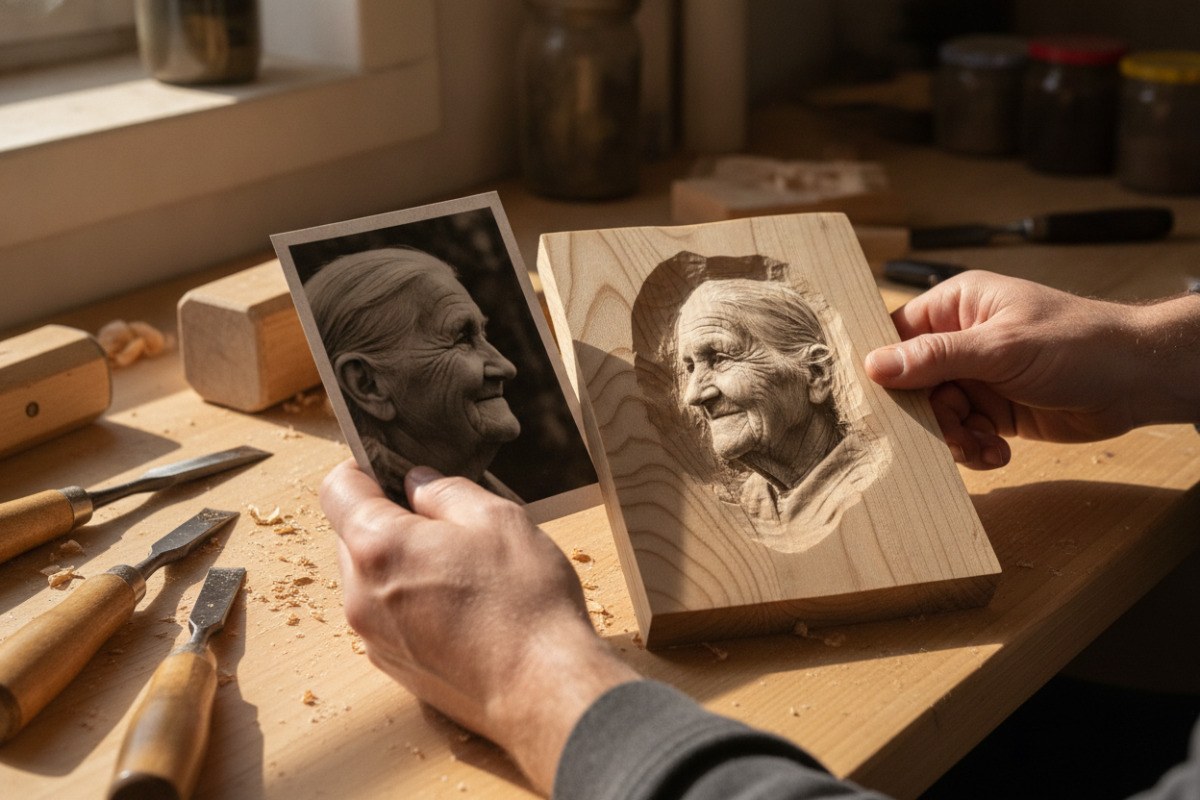 Eine Person vergleicht ein Porträtfoto mit einer gravierten Darstellung auf Holz.