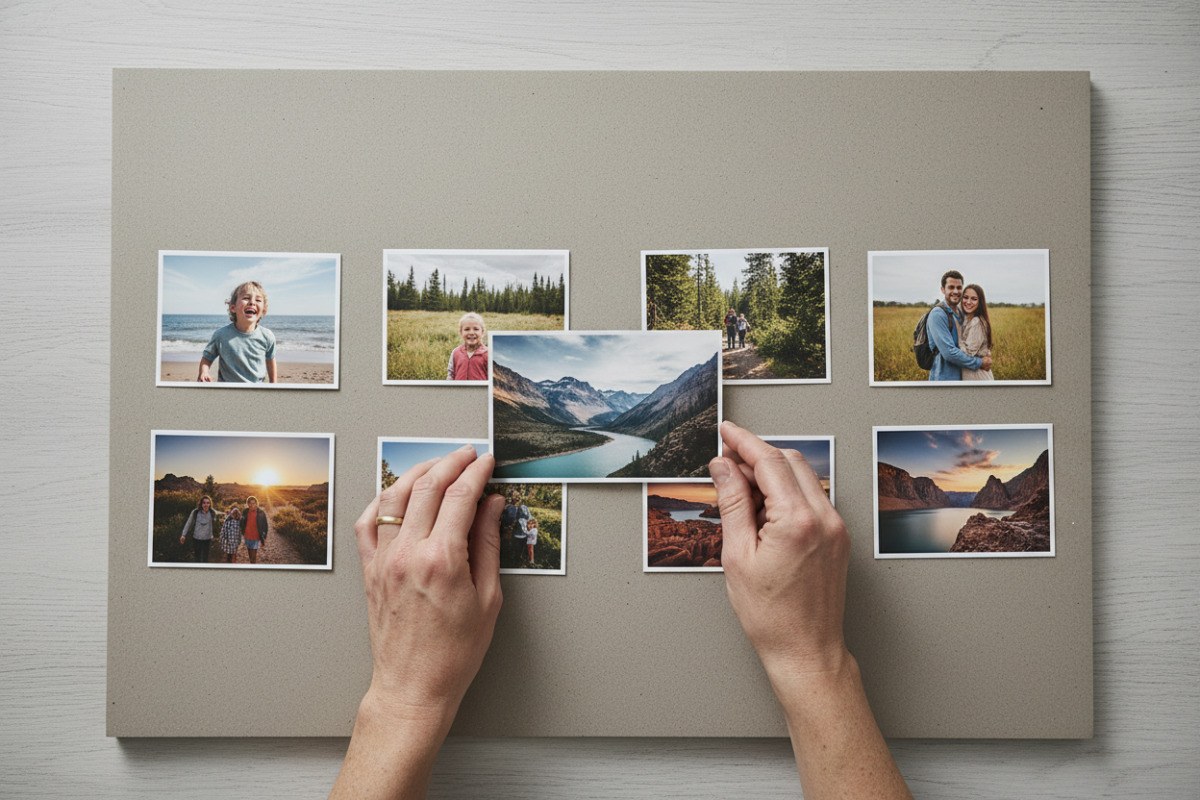 Hände ordnen Familien- und Landschaftsfotos zu einer Collage.