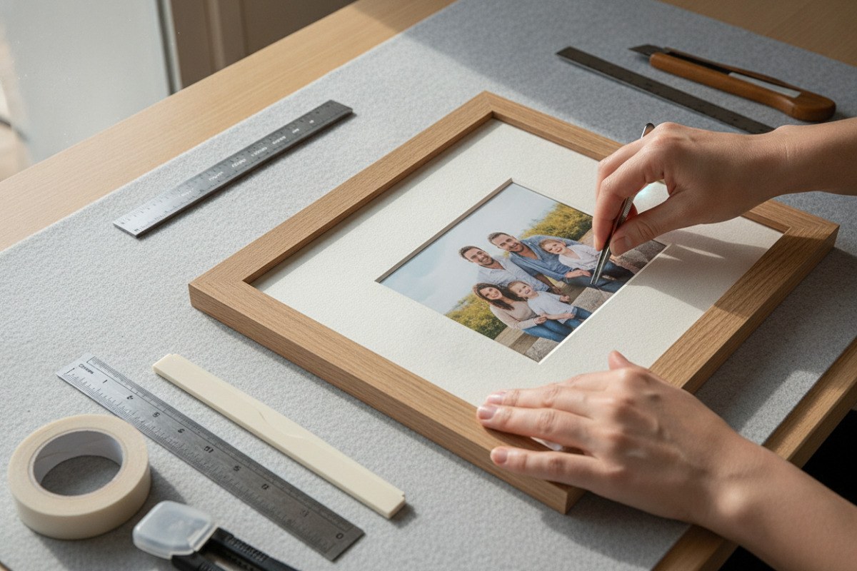 Hands positioning a family photograph inside a wooden frame and neutral mat