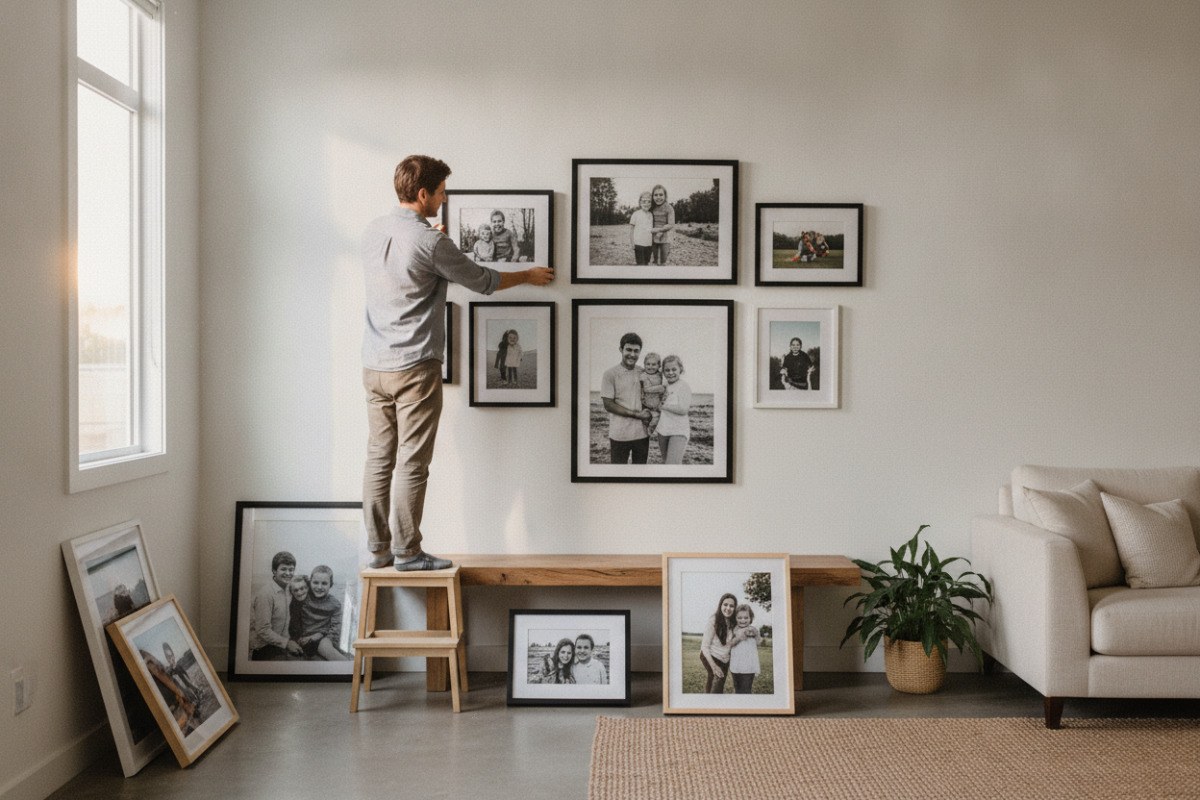 Adult arranging family and travel photographs on a gallery wall