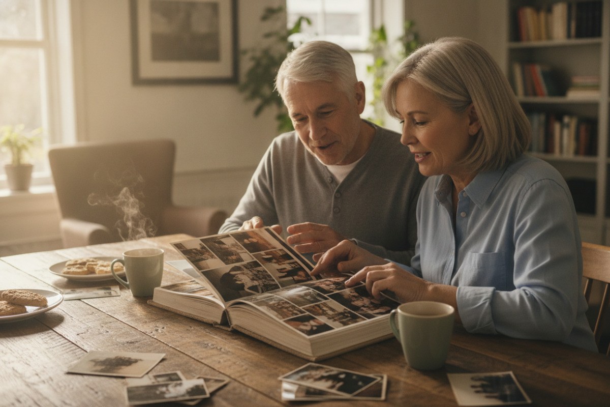 Two family members looking through a photo book together
