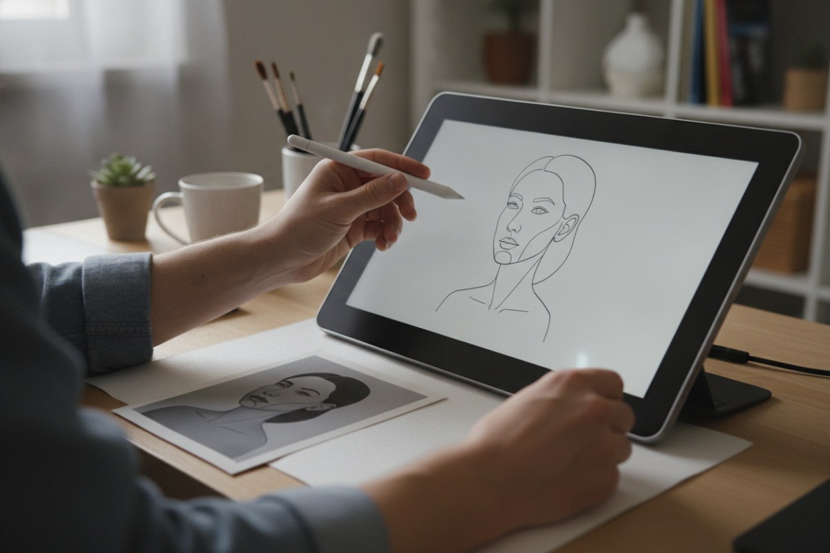 Artist simplifying a personal photograph into a minimalist digital portrait