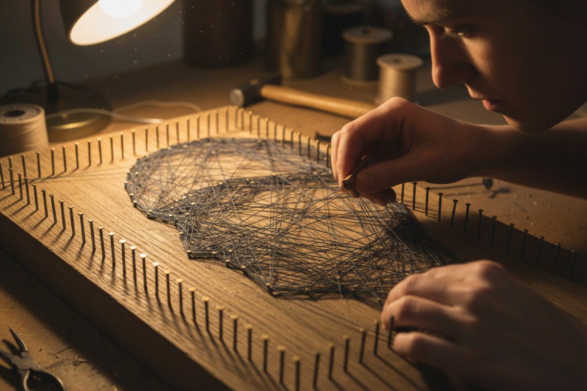 Craftsperson creating a portrait by winding thread between nails