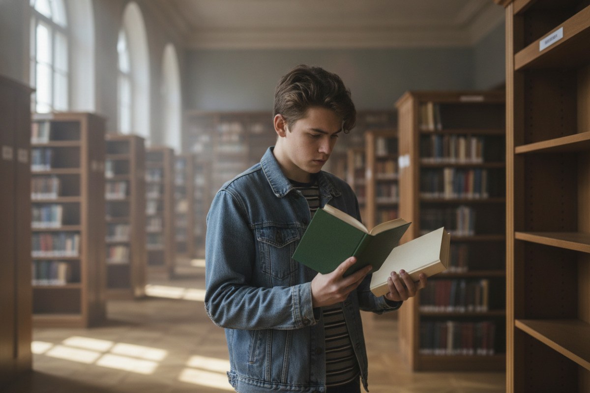 Підліток вибирає книжку відповідного обсягу в бібліотеці