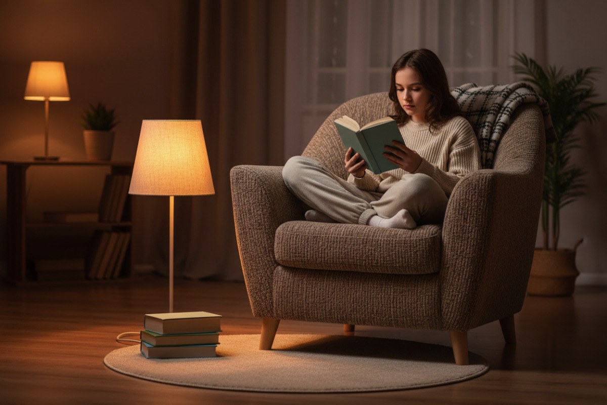 Підліток читає книжку ввечері у зручному кріслі