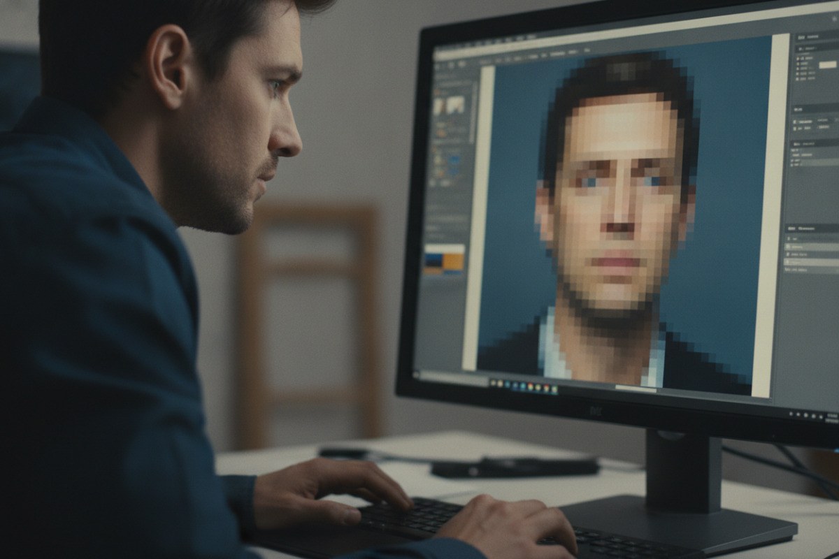 Photo editor viewing a portrait enlarged into individual pixels