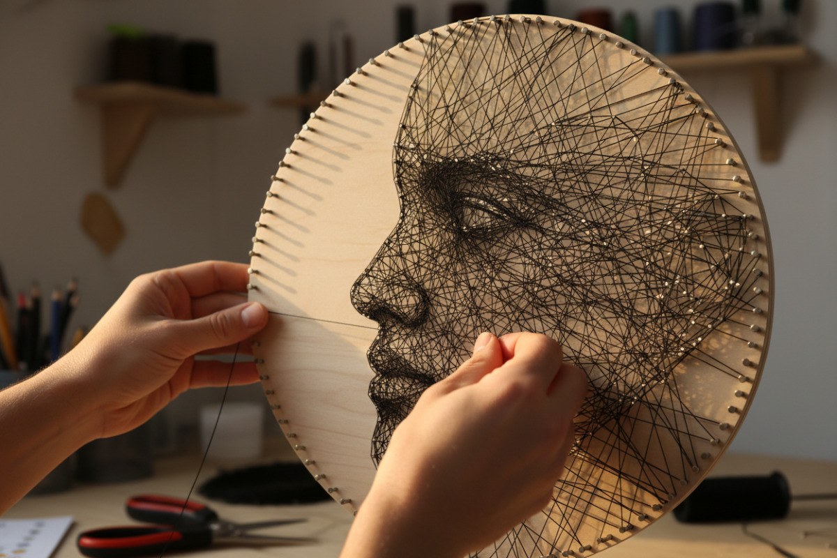 Hands winding overlapping thread between nails to form a portrait