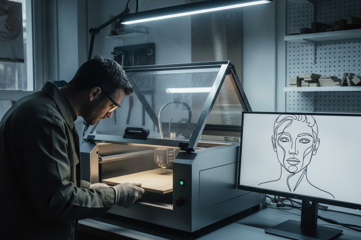 Maker preparing a wooden panel for a digitally guided laser engraving