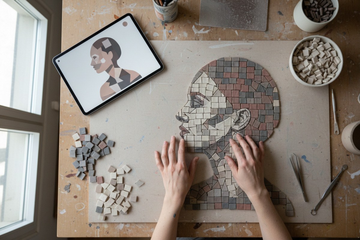 Artist assembling a portrait mosaic from a simplified digital reference