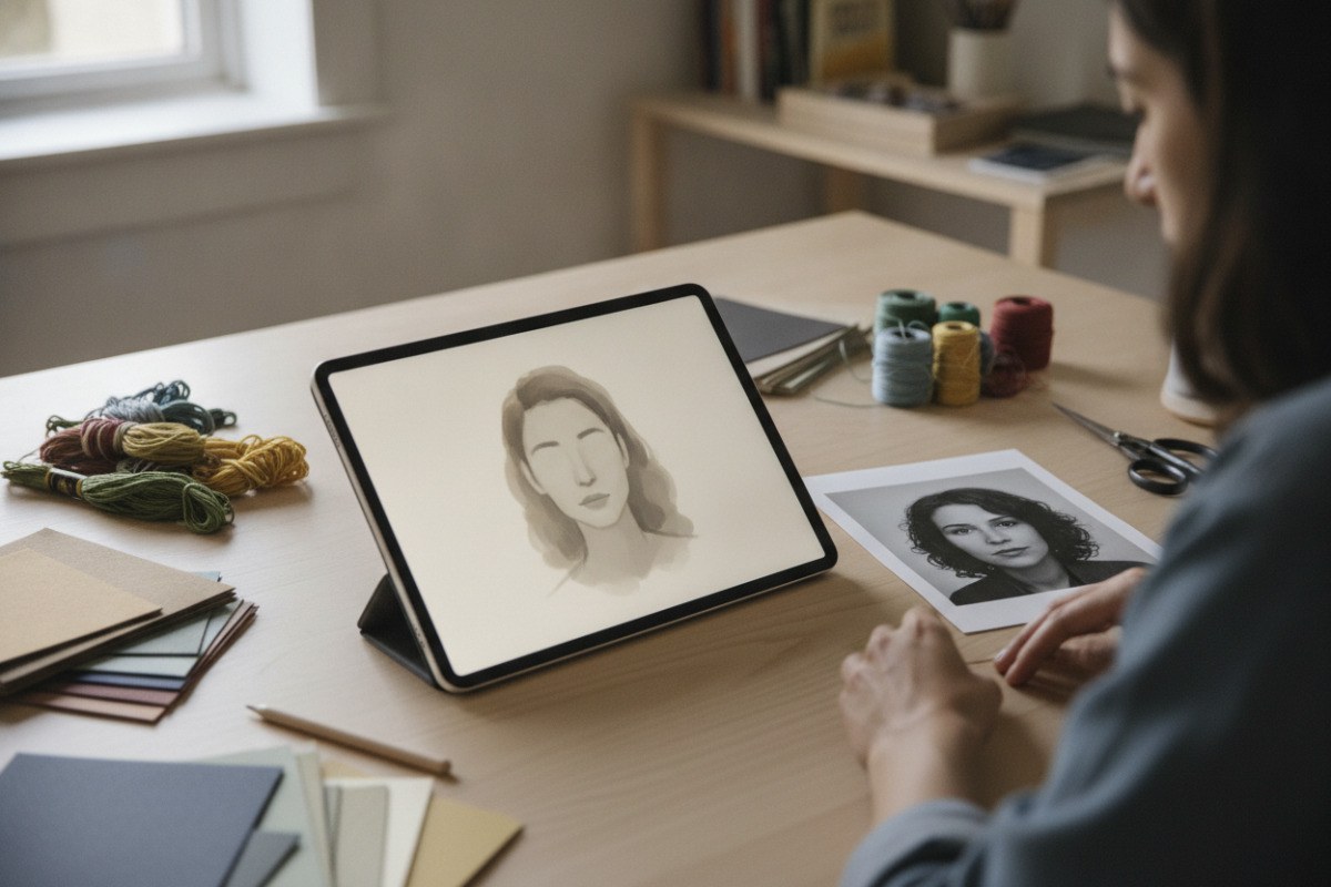 Vista previa simplificada de un retrato en una tableta junto a la fotografía original.