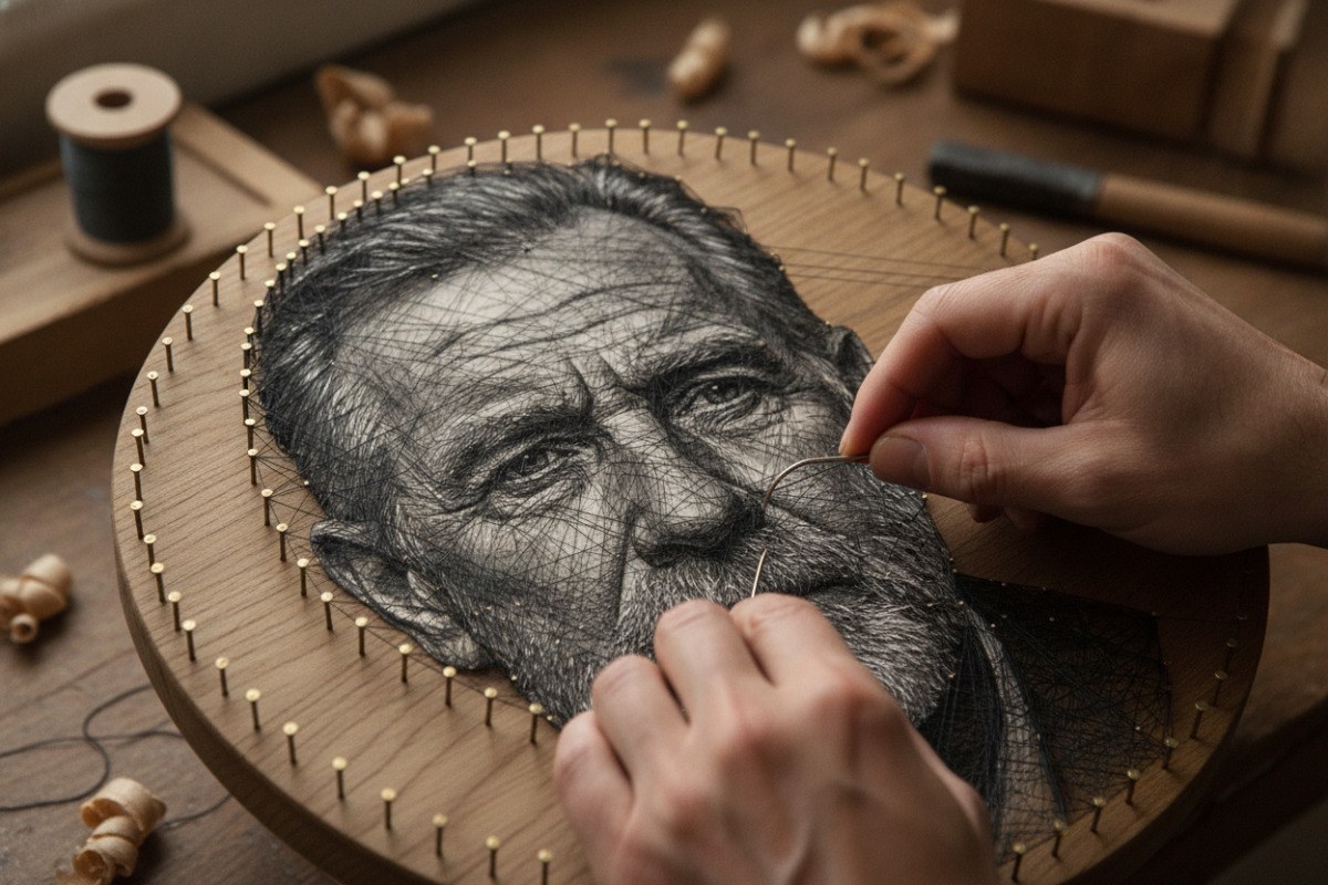 Manos cruzan hilo entre clavos para formar progresivamente un retrato.