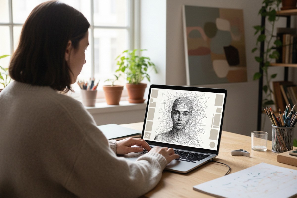 Auf einem Laptop wird ein Porträt in ein kontrastreiches Linienmuster umgewandelt.