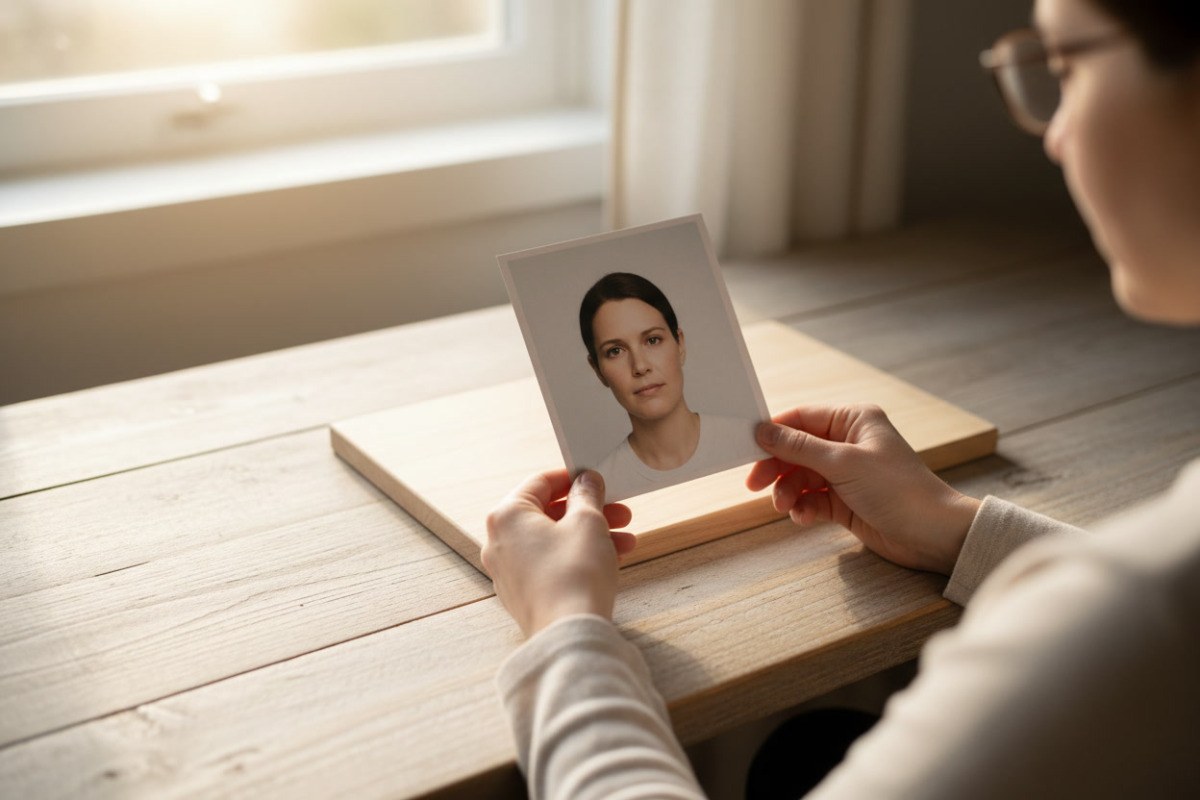 Eine Person betrachtet ein Porträtfoto neben einem hellen Holzbrett.