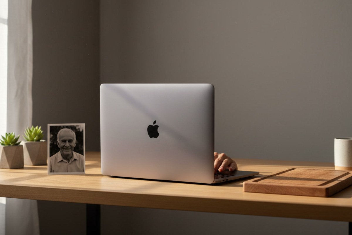 Eine Person arbeitet am Laptop; ein Porträtfoto und ein Holzbrett liegen daneben.