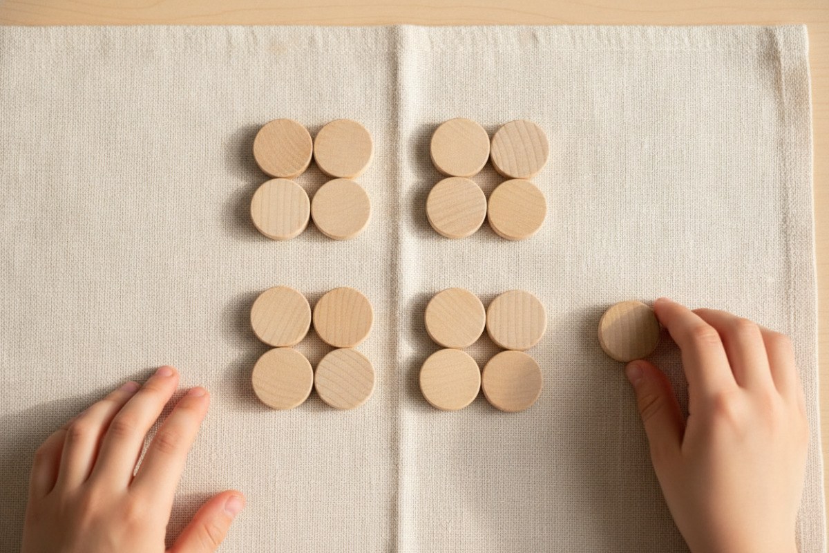 Kinderhände ordnen runde Holzplättchen zu gleich großen Gruppen.