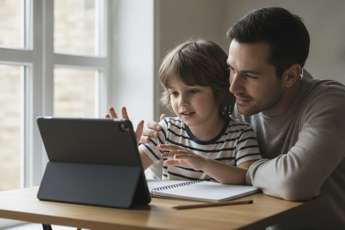 Ein Kind und sein Vater besprechen gemeinsam eine Aufgabe am Tablet.