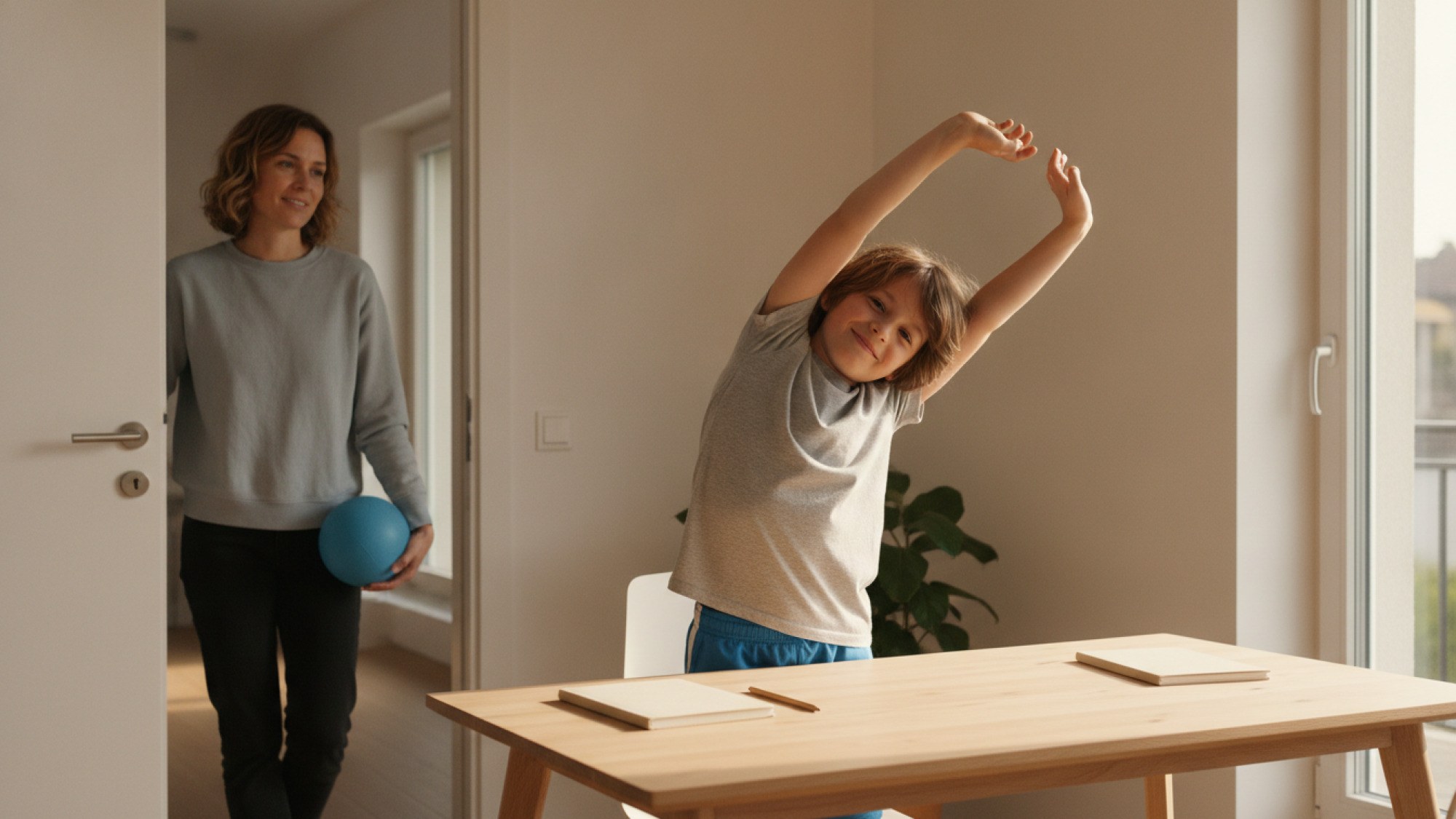 Ein Grundschulkind streckt sich neben einem Schreibtisch, während ein Elternteil mit einem Ball in der Tür wartet.