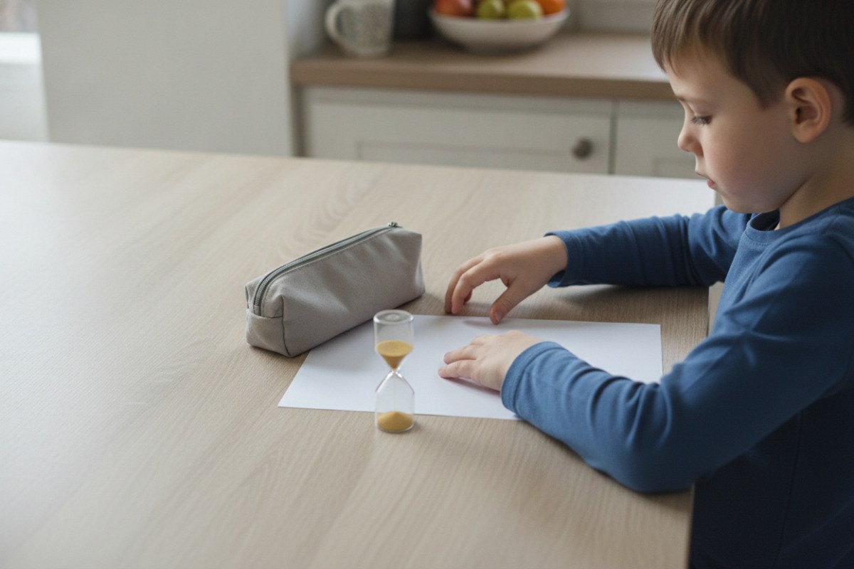 Lernen zu Hause ohne Stress: Wie Eltern Kinder sinnvoll unterstützen können Ein Kind legt ein Mäppchen und ein leeres Blatt neben eine kleine Sanduhr auf den Küchentisch.