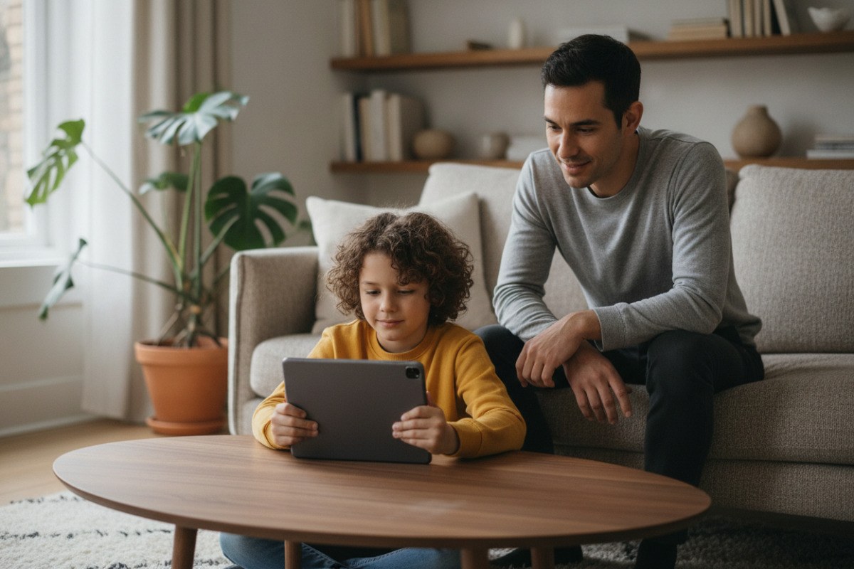 Lernen zu Hause ohne Stress: Wie Eltern Kinder sinnvoll unterstützen können Ein Kind hält ein Tablet an einem niedrigen Tisch, während ein Elternteil daneben sitzt.