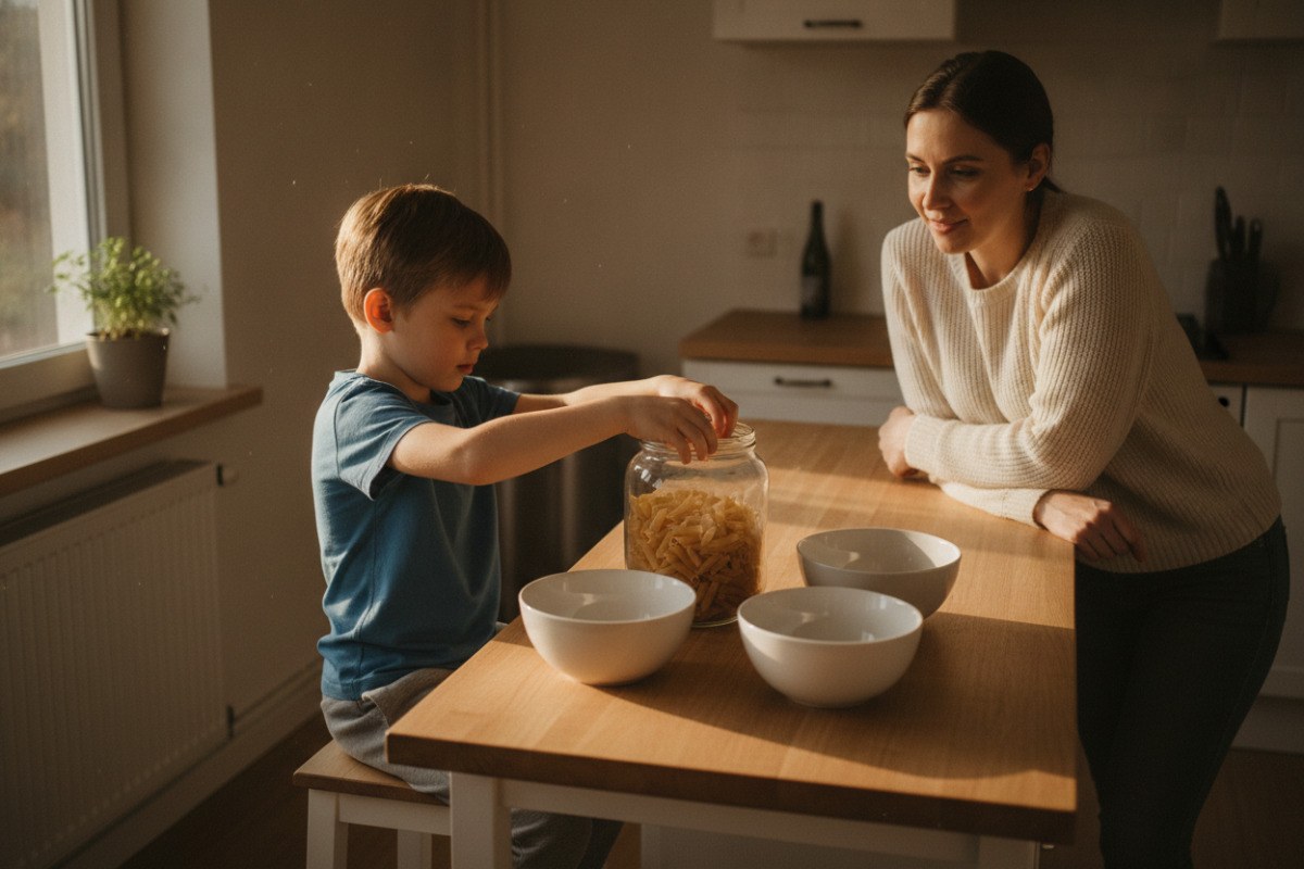 Lernen zu Hause ohne Stress: Wie Eltern Kinder sinnvoll unterstützen können Ein Kind verteilt trockene Nudeln auf vier Schalen, während ein Elternteil danebensteht.