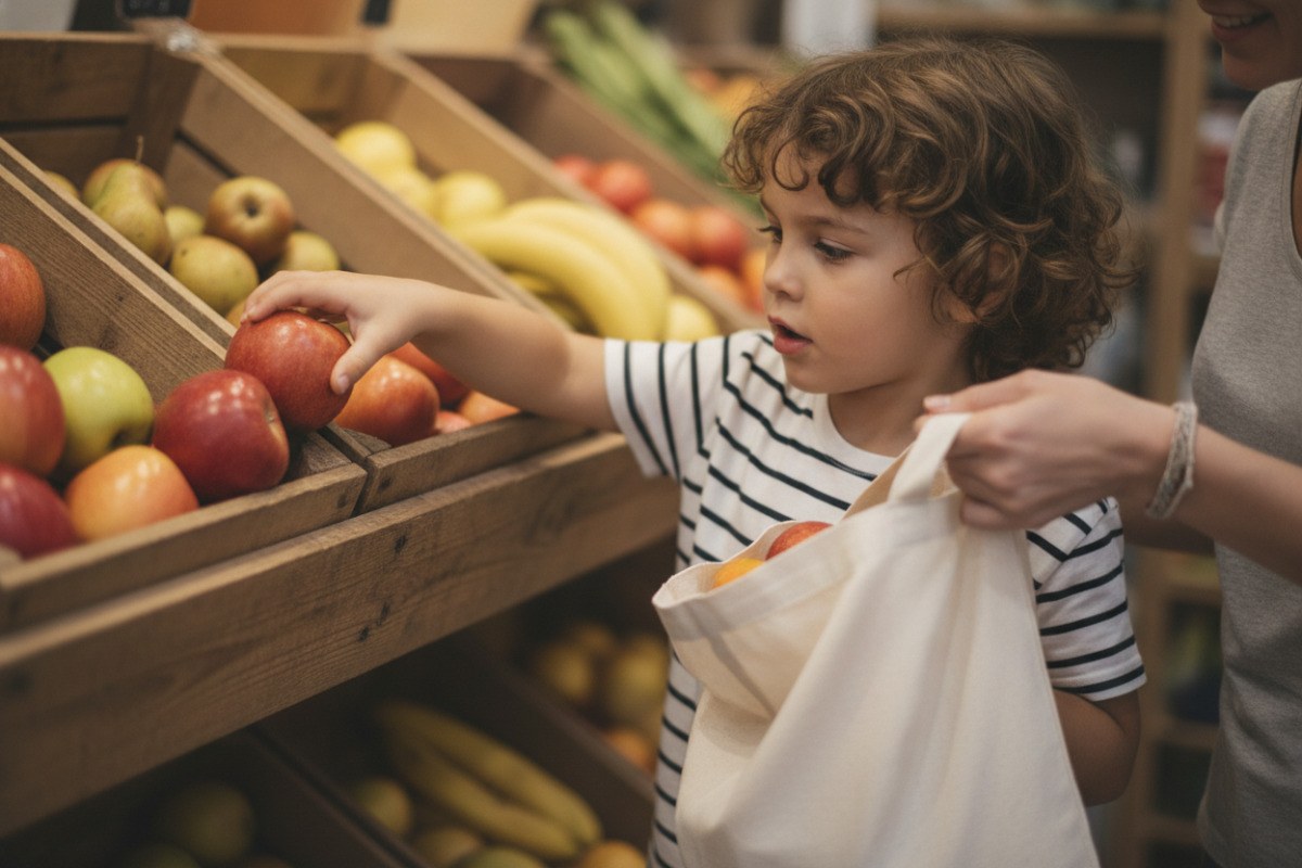 Lernen zu Hause ohne Stress: Wie Eltern Kinder sinnvoll unterstützen können Ein Kind legt Äpfel in einen Stoffbeutel, den ein Elternteil am Obststand aufhält.