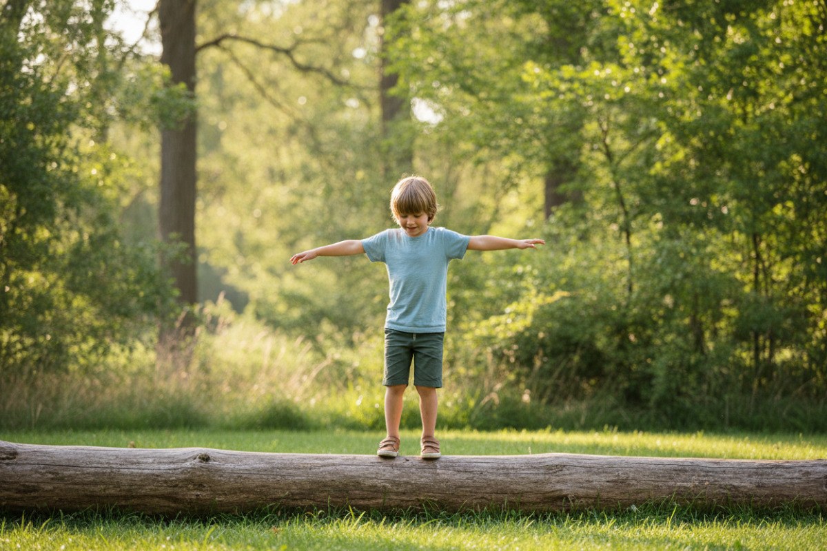 Lernen zu Hause ohne Stress: Wie Eltern Kinder sinnvoll unterstützen können Ein Kind balanciert mit ausgestreckten Armen auf einem niedrigen Baumstamm im Park.