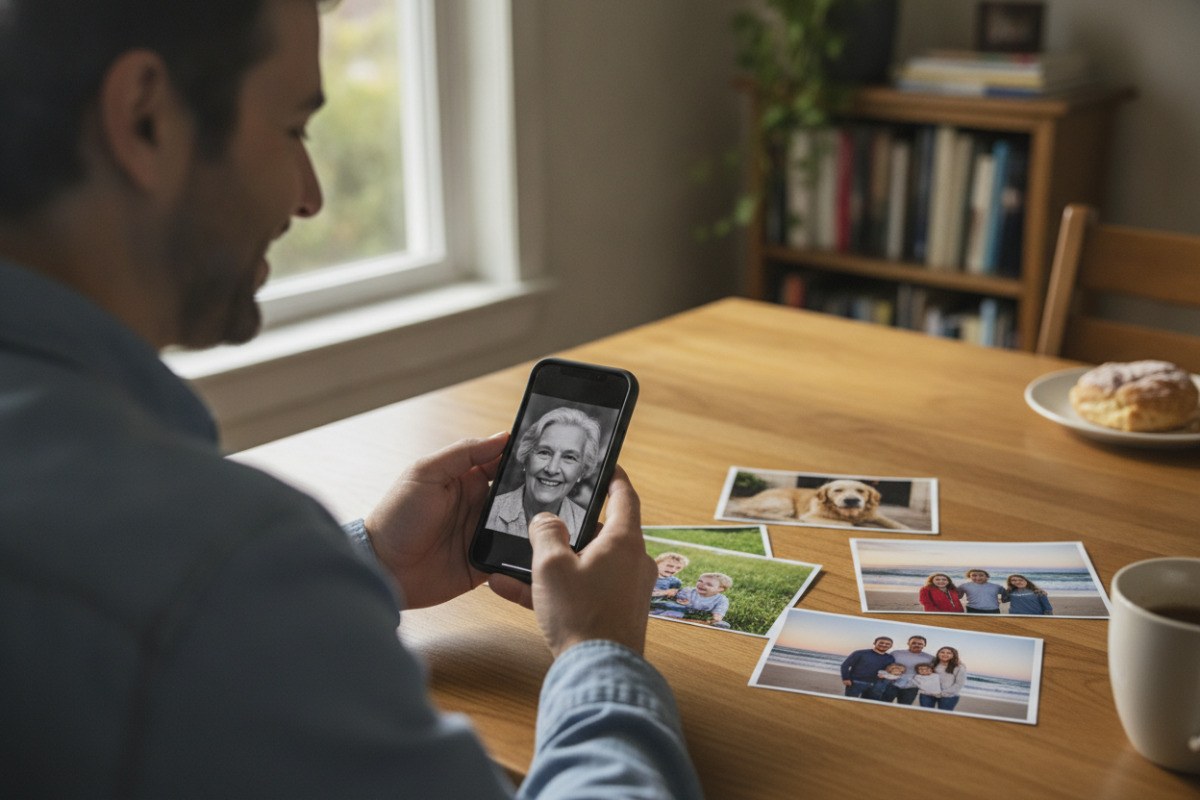 Eine Person wählt am Esstisch ein persönliches Foto auf dem Smartphone aus.
