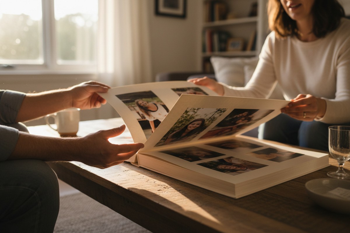 Zwei Personen blättern gemeinsam durch ein schlicht gestaltetes Familienfotobuch.
