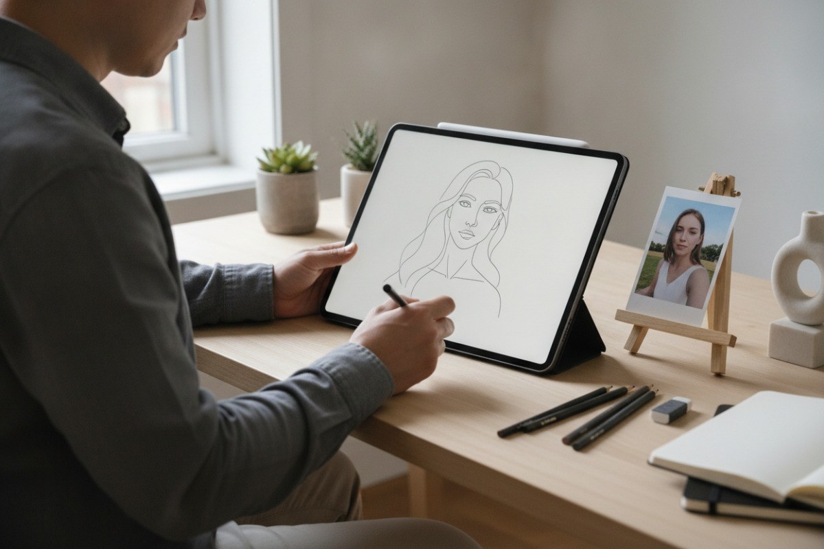 Eine Person zeichnet mit einem Eingabestift ein minimalistisches Porträt auf einem Tablet.