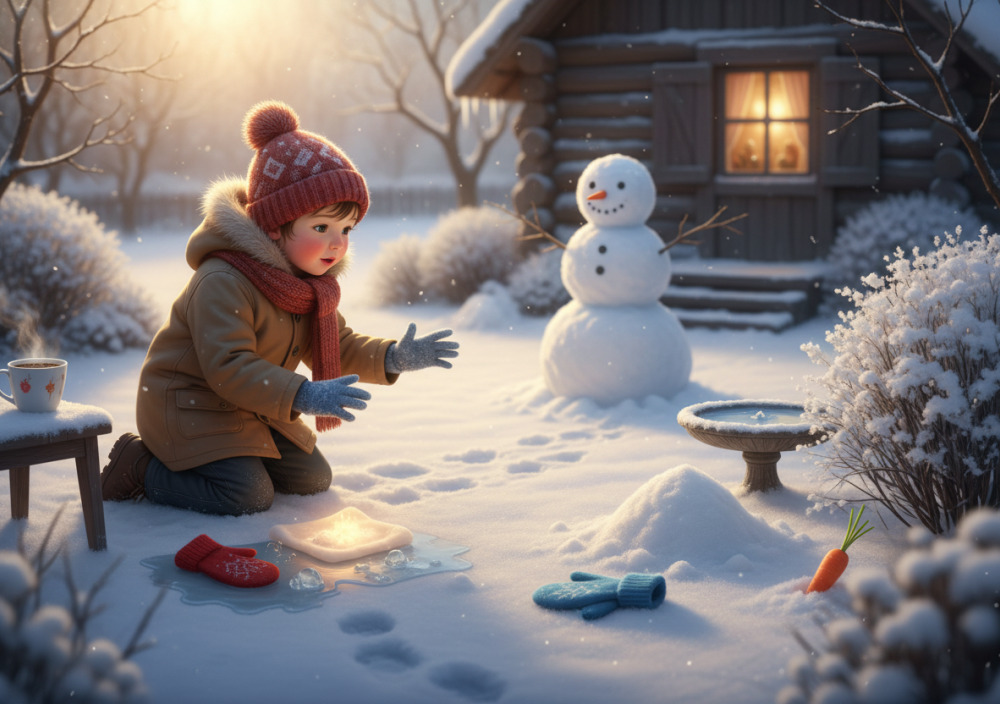 Дитина шукає морквину для сніговика за підказками холод та тепло