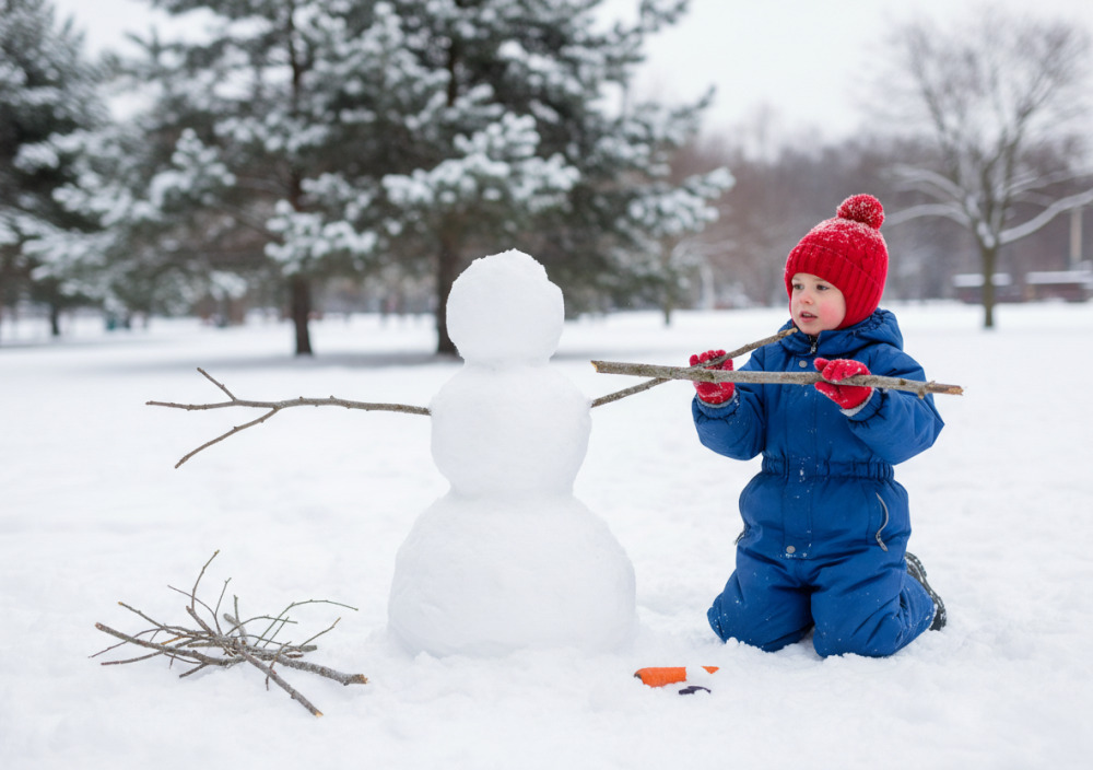Дитина порівнює довжину гілок для рук сніговика