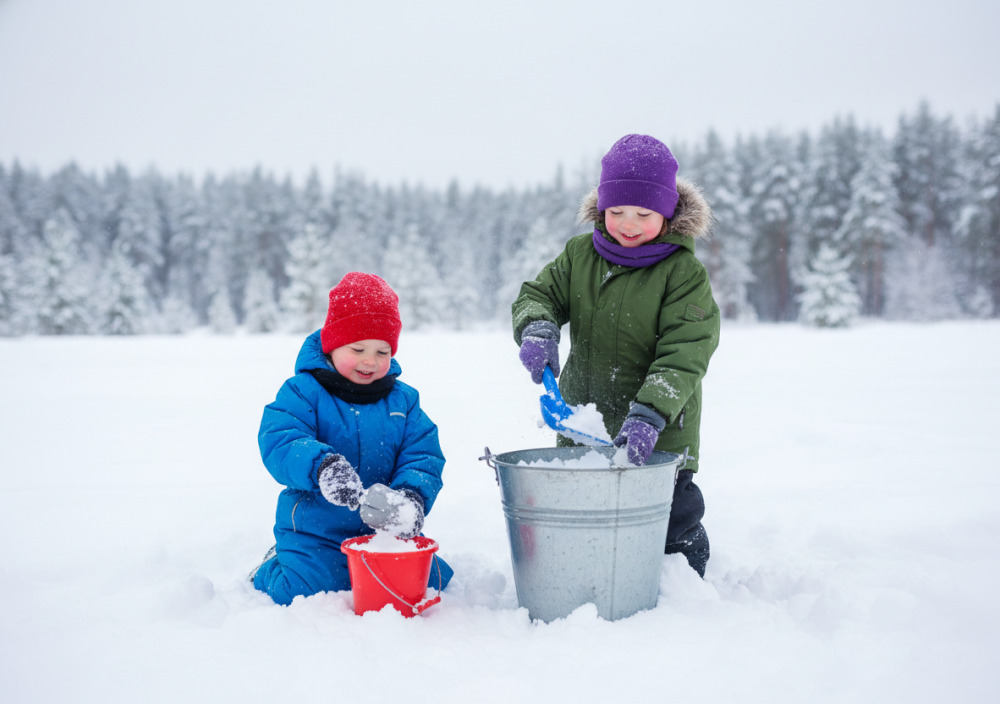 Діти наповнюють снігом два різних за розміром відерця