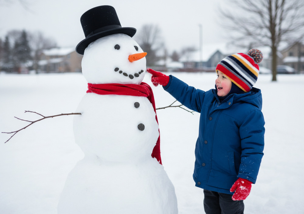Дитина показує на різні частини сніговика й розповідає про нього